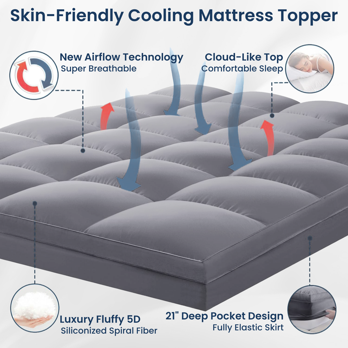 CloudMattress™ Bamboo Cooling Mattress Topper for Back & Hip Relief